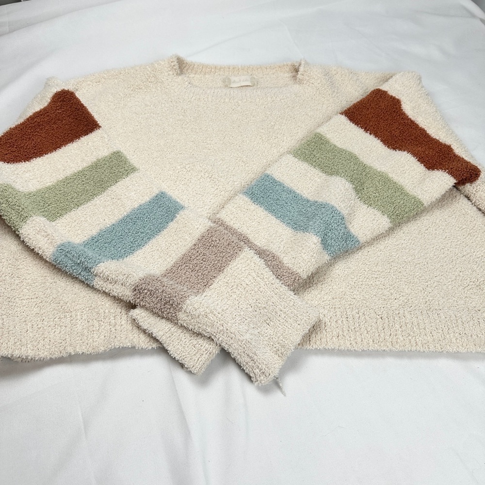 Altar’d State Teddy Bear Sweater Cropped Size L Cream With Striped Sleeves Soft